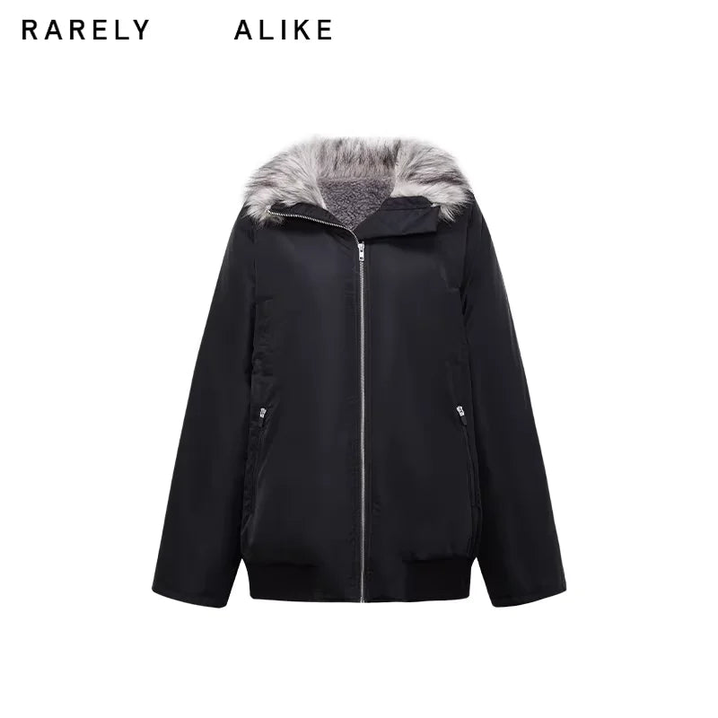 RARELY ALIKE Women's Oversized Fur-Lined Bomber Jacket - Black/Army Green