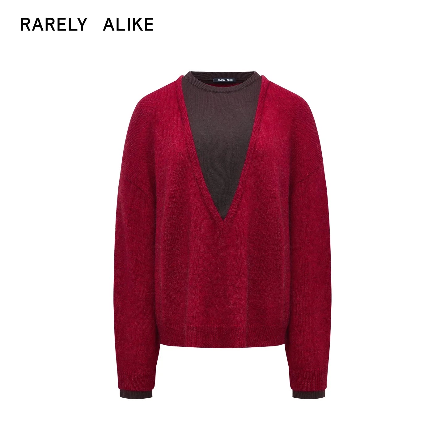 RARELY ALIKE Faux Two-Piece V-Neck Mohair Blend Loose Sweater