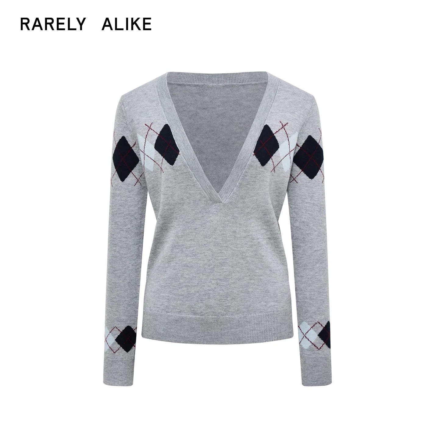 RARELY ALIKE Deep V-Neck Argyle Knit Sweater - Black, Red, Gray