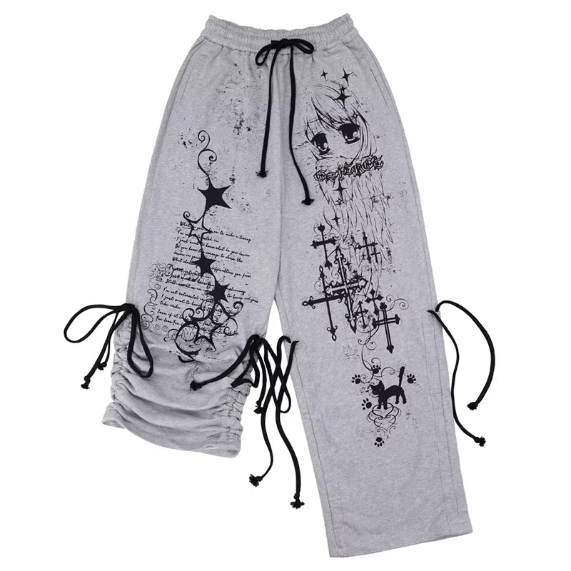 CFIERCE Graffiti Print Drawstring Stacked Sweatpants