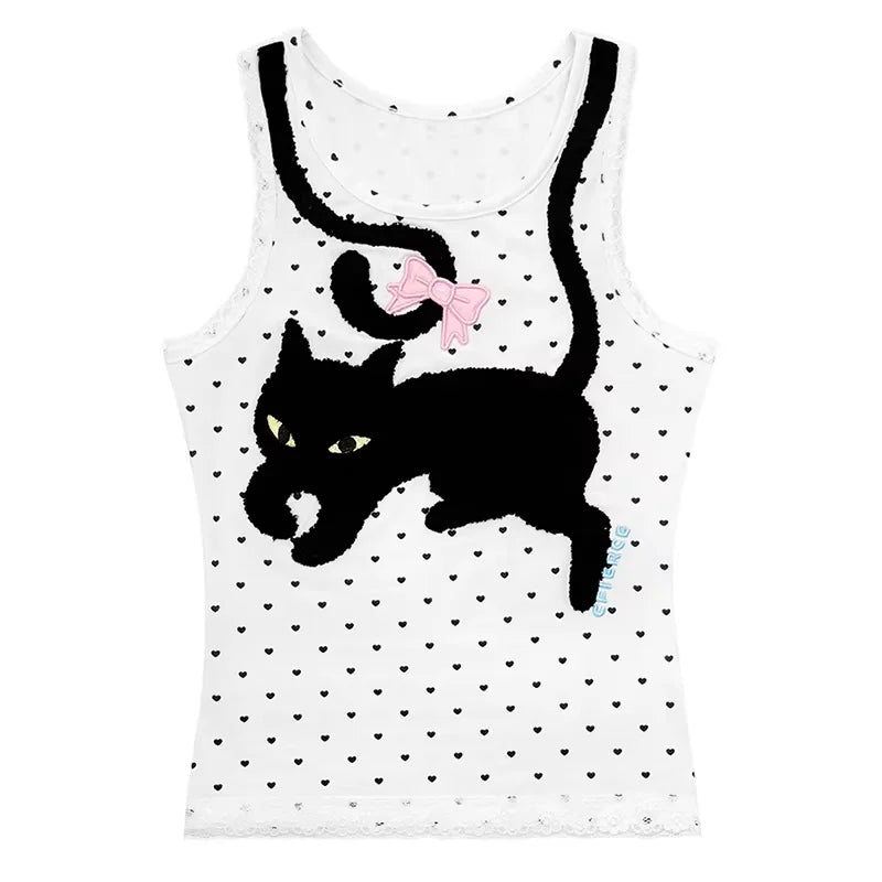 CFIERCE Black Cat Embroidered Heart Print Girls Tank Top