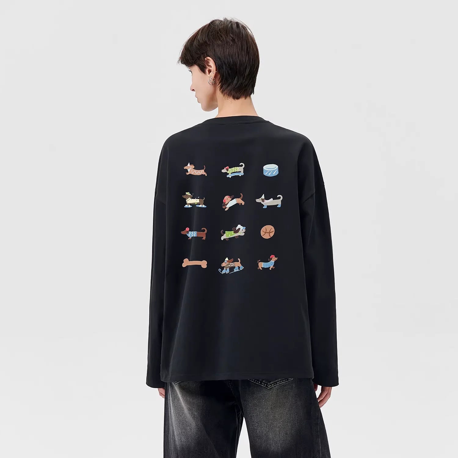 LOSTCTRL Dachshund Embroidered Cotton Long Sleeve T-Shirt