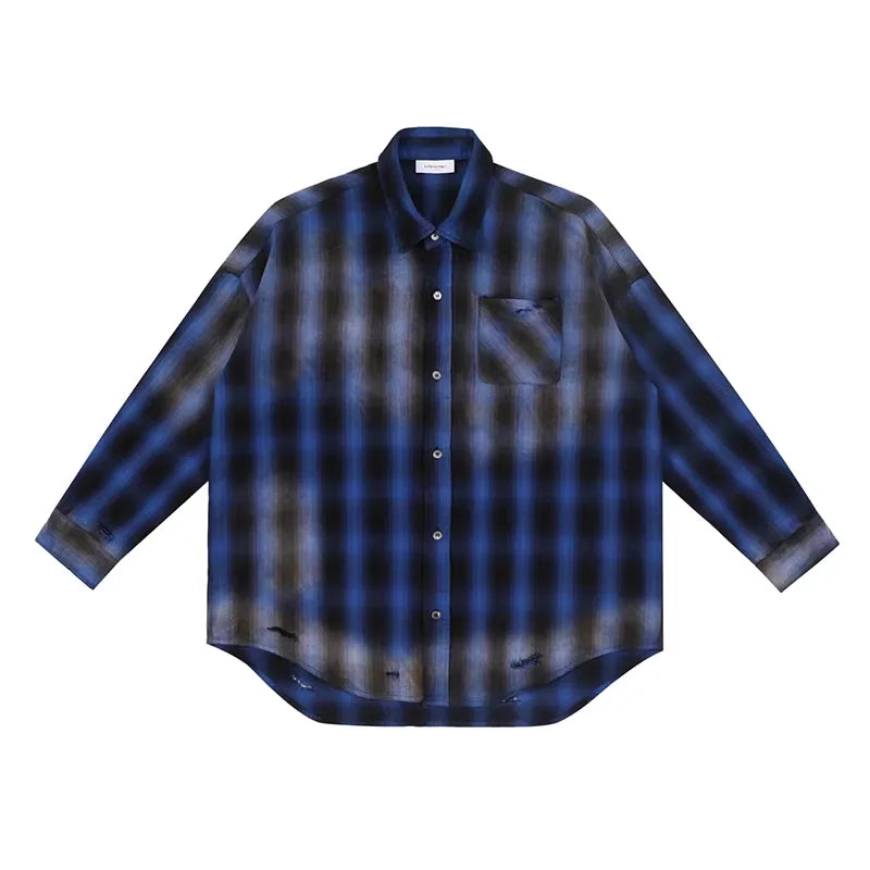 LOSTCTRL Men's Vintage Washed Plaid Flannel Shirt - Long Sleeve Casual Fit