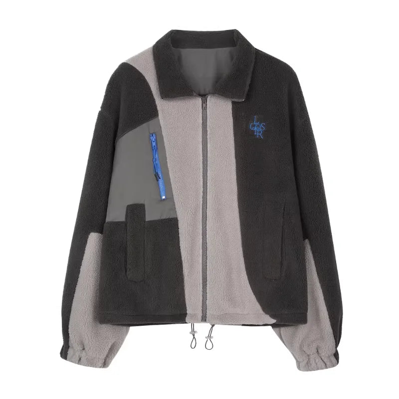 LOSTCTRL Unisex Colorblock Fleece Jacket with High Collar and Chest Pocket