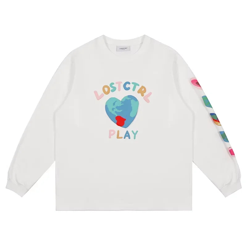 LOSTCTRL Unisex Graphic Long Sleeve T-Shirt with Heart and World Map Print