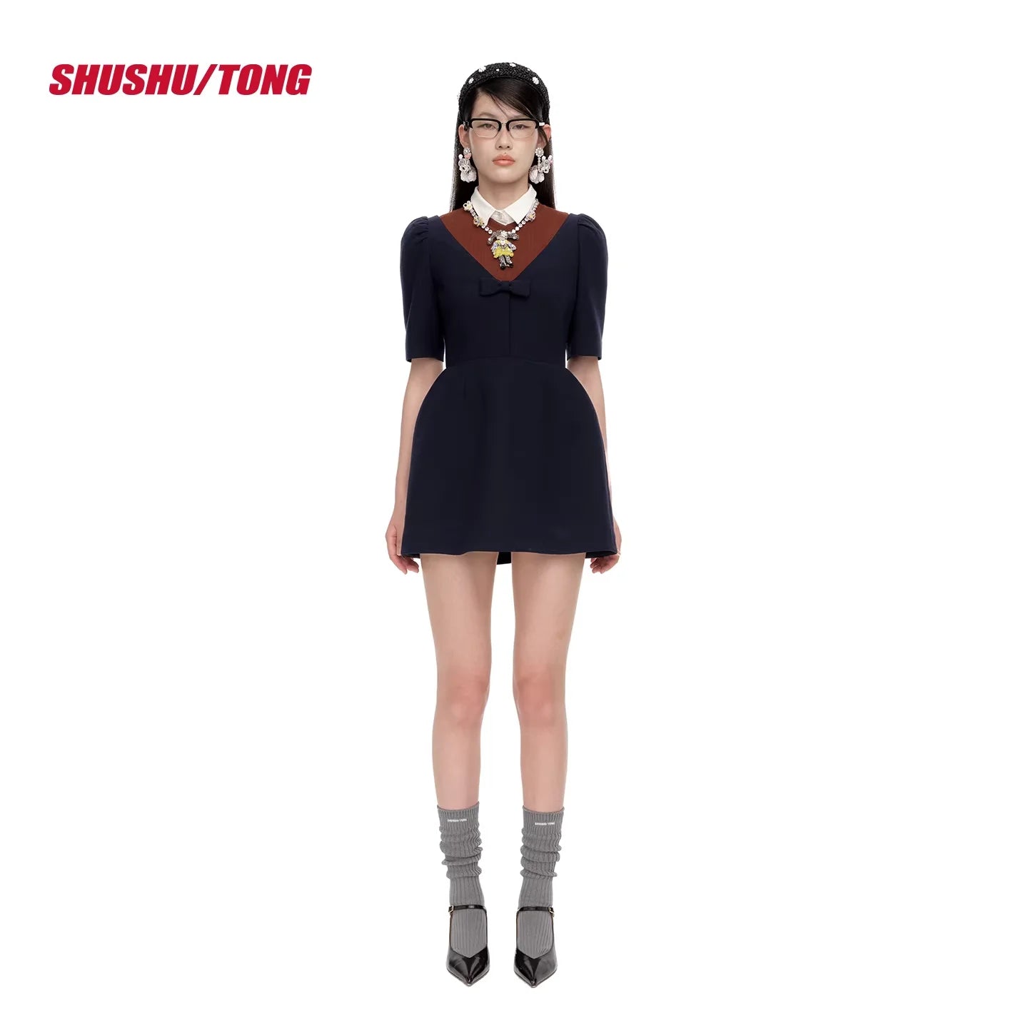 shushutong Winter V-Neck Puff Sleeve A-Line Dress