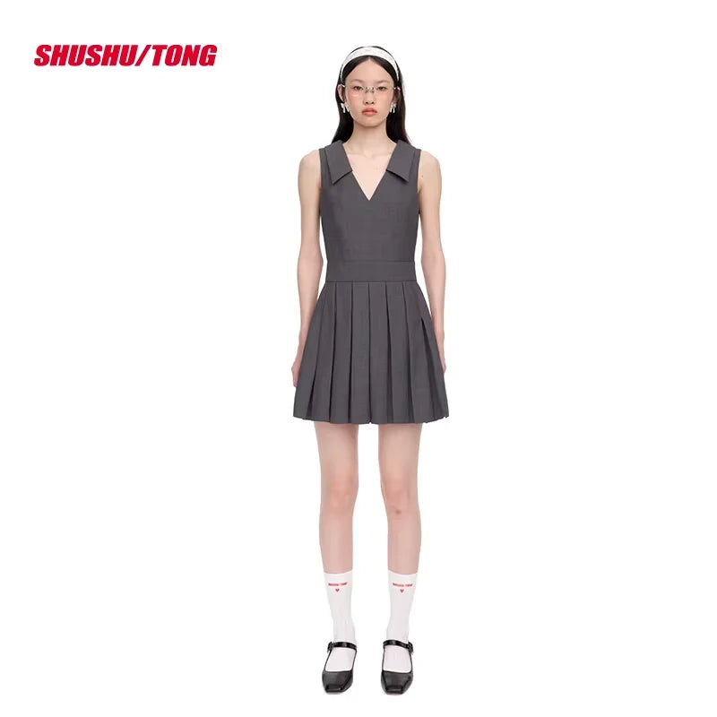 shushutong Elegant Pleated Mini Dress with Lace Collar Detail