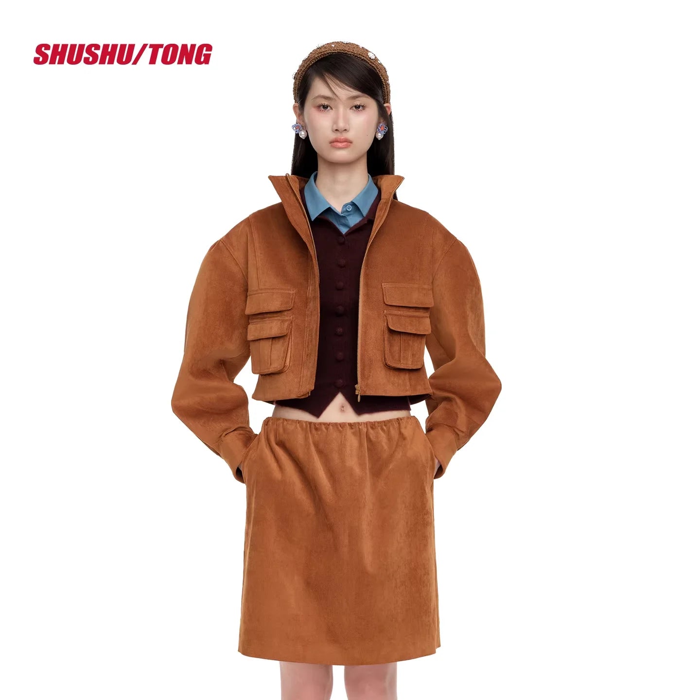 shushutong Women's Cropped Suede Jacket with Flap Pockets and Wide Sleeves