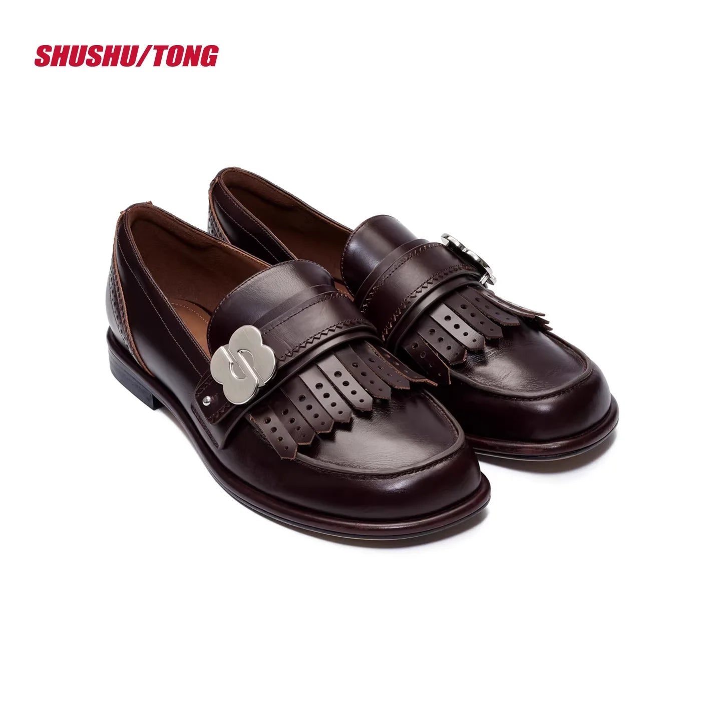 shushutong 2025 Winter Square-Toe Loafers with Fringe and Buckle Detail