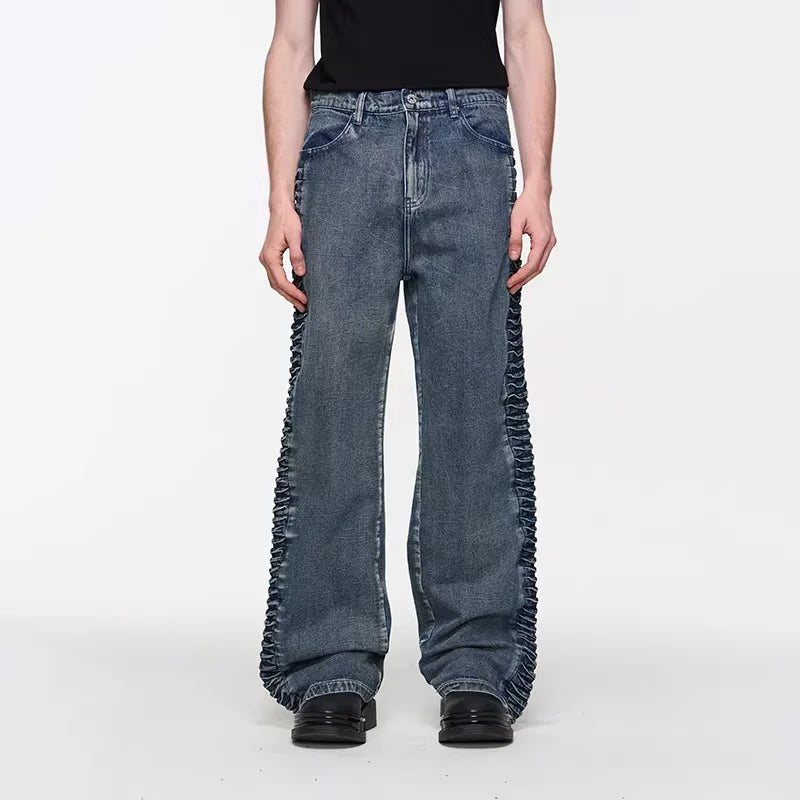 BLINDNOPLAN Men's Side-Pleated Distressed Wide-Leg Denim Jeans