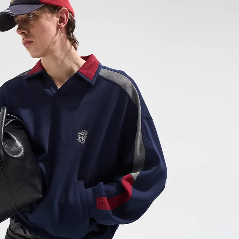 BLINDNOPLAN Colorblock Embroidered Polo Sweatshirt - Loose Fit, Long Sleeve