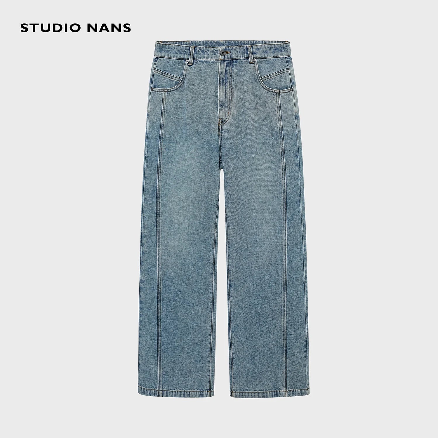 NANS Menswear 13oz Vintage Washed Flared Denim Jeans with Seam Pocket Detail