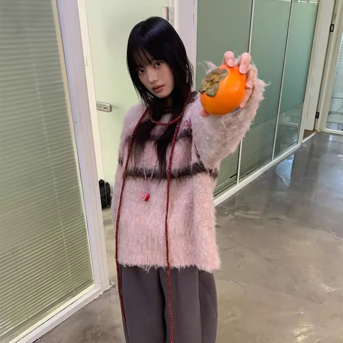 NeverSeez Fuzzy Fair Isle Striped Crewneck Sweater