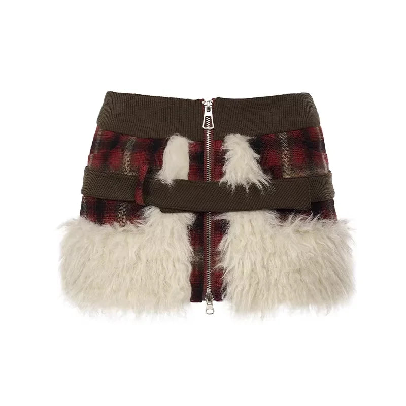 Amee Red Plaid Faux Fur Trim Quilted Jacket and Shorts Set