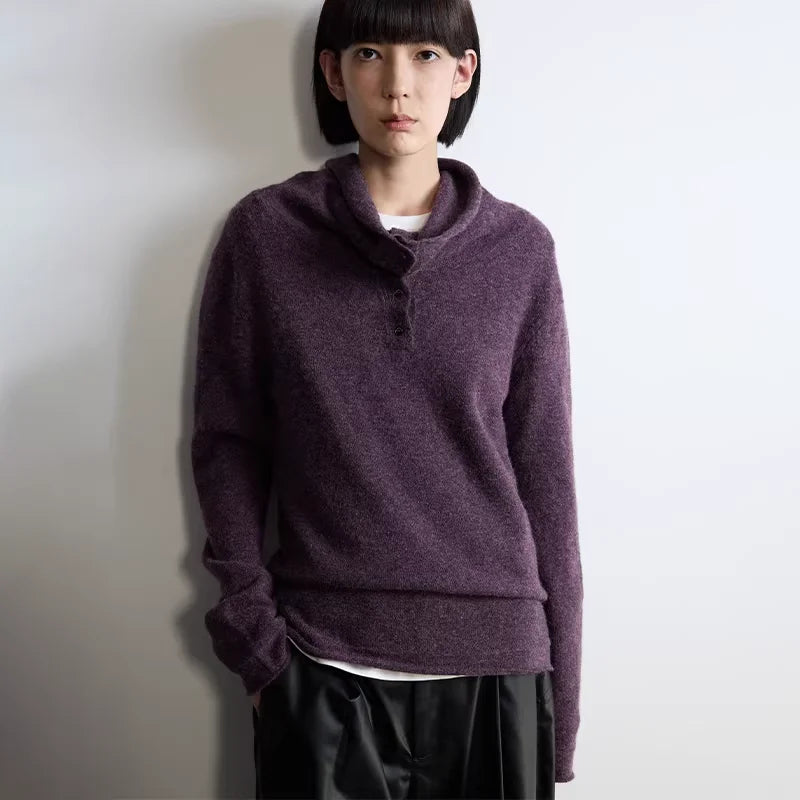 RandomPiece Wool-Silk Blend Oversized Sweater with Draped Button Neck