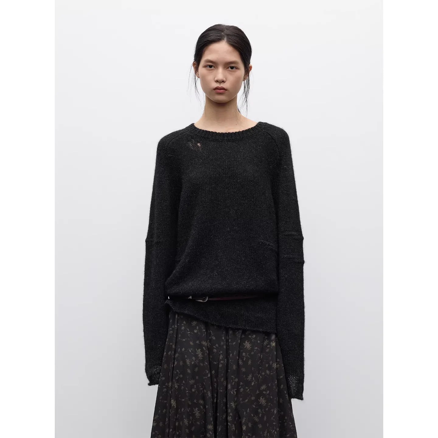 RandomPiece Yak and Alpaca Wool Knit Sweater with Sheer Hem and Cuffs