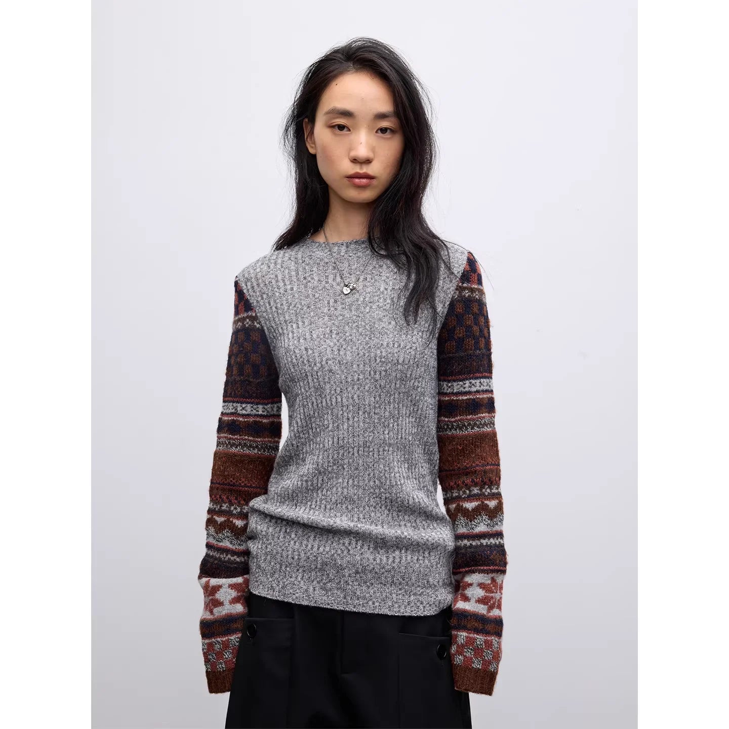 RandomPiece Alpaca Wool Blend Ribbed Sweater with Patterned Sleeves