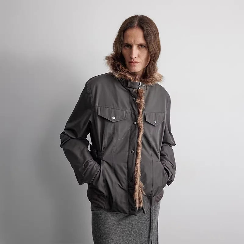 RandomPiece Women's Cinched-Waist Down Jacket with Faux Fur Hood