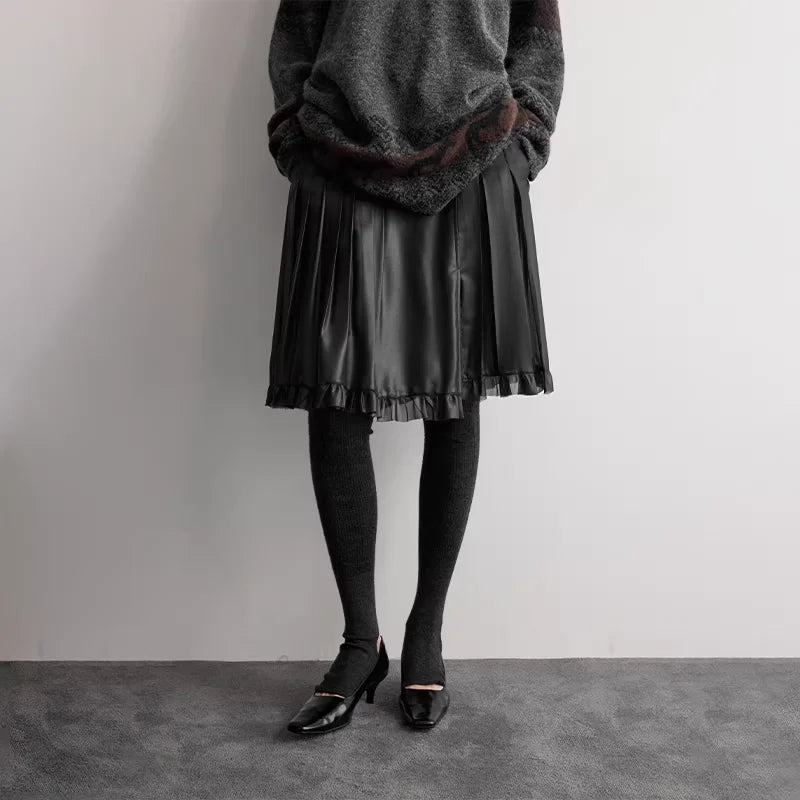 RandomPiece Irregular Pleated Faux Leather Skirt with Ruffle Hem