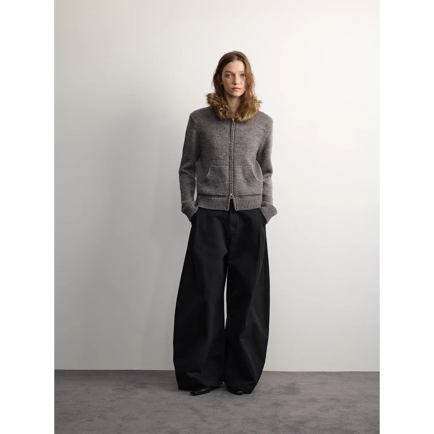 RandomPiece Women's Wool Blend Hooded Cardigan with Detachable Fur Collar