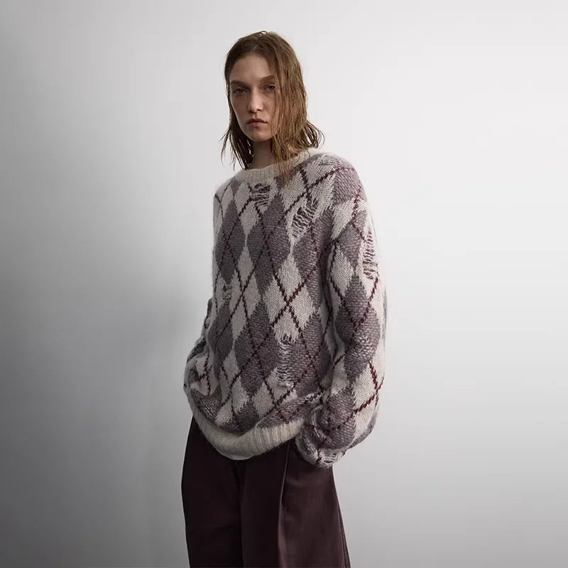 RandomPiece Distressed Argyle Alpaca Wool Blend Sweater