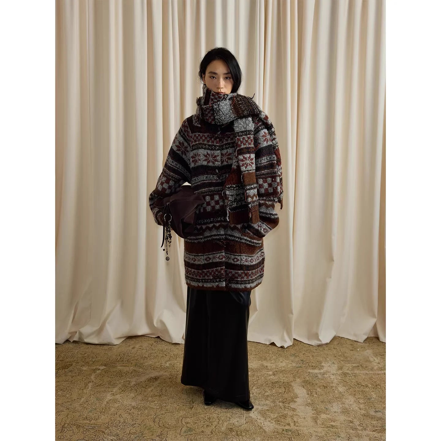 RandomPiece Wool Blend Fair Isle Knit Cardigan with Toggle Closure