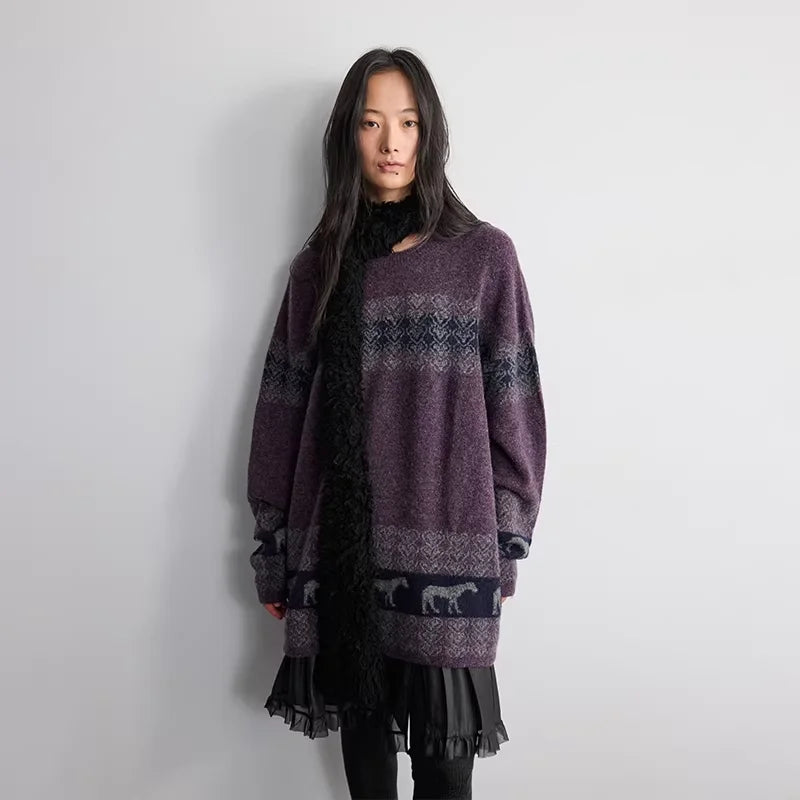 RandomPiece Wool Silk Blend Jacquard Oversized Sweater