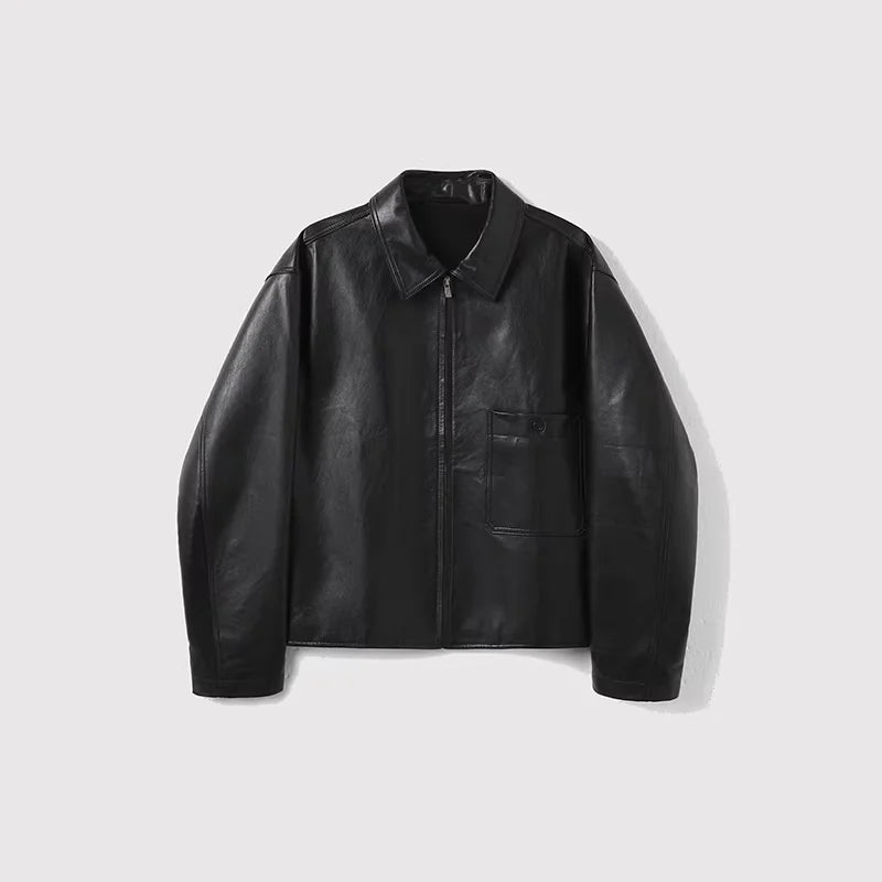 ROYA Men's Full-Grain Calfskin Leather Zipper Jacket with Lapel Collar