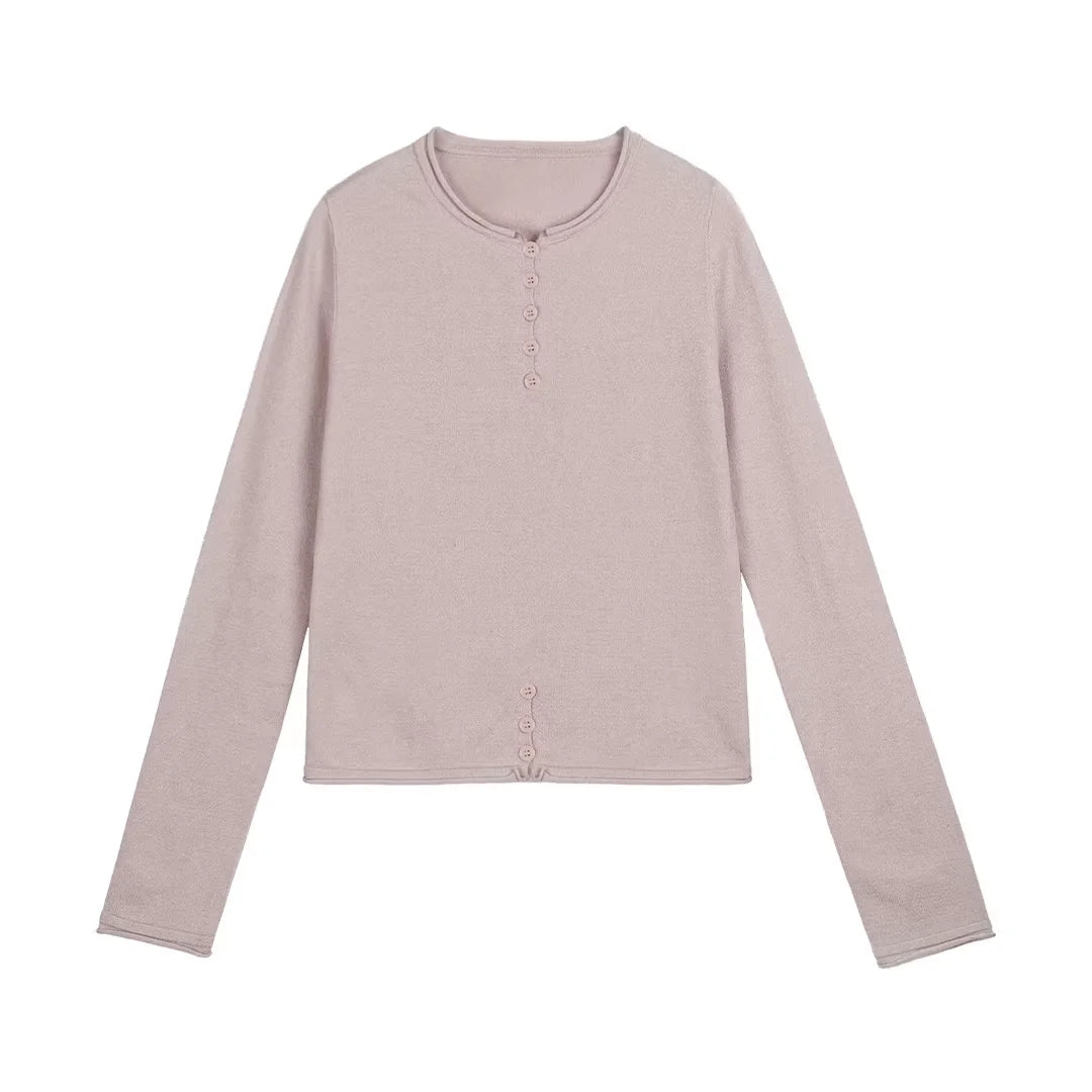 Simple Project Buttoned Fitted Knit Top with Rolled Edges