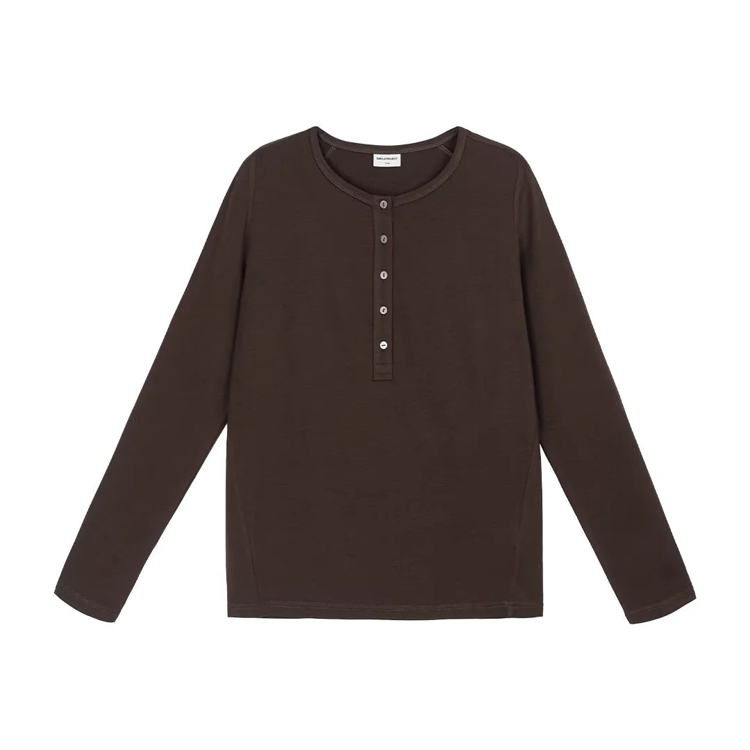 Simple Project Henley Collar Loose Long Sleeve T-Shirt