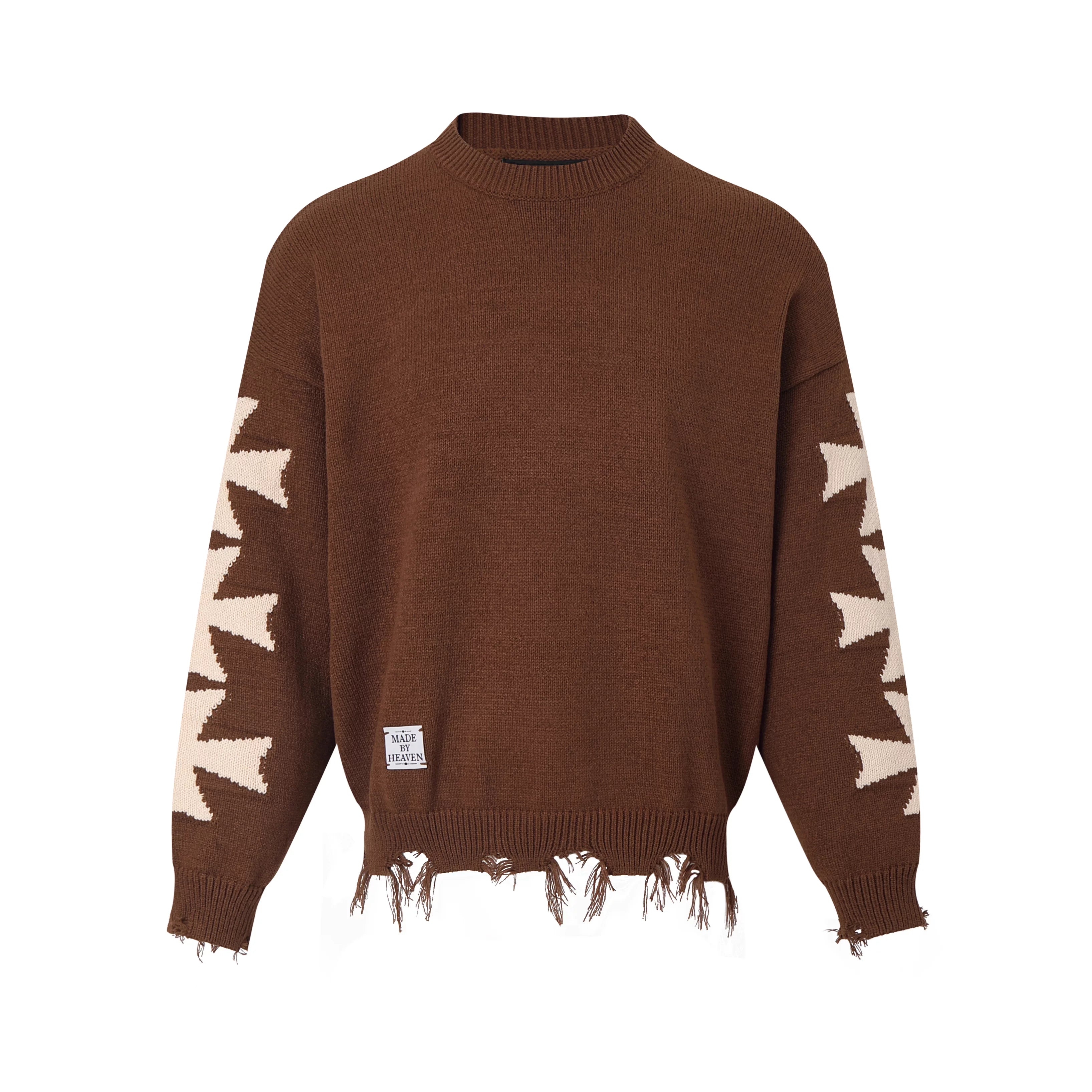 SWFI Far East Fringed Distressed Boxy Fit Cropped Jacquard Sweater