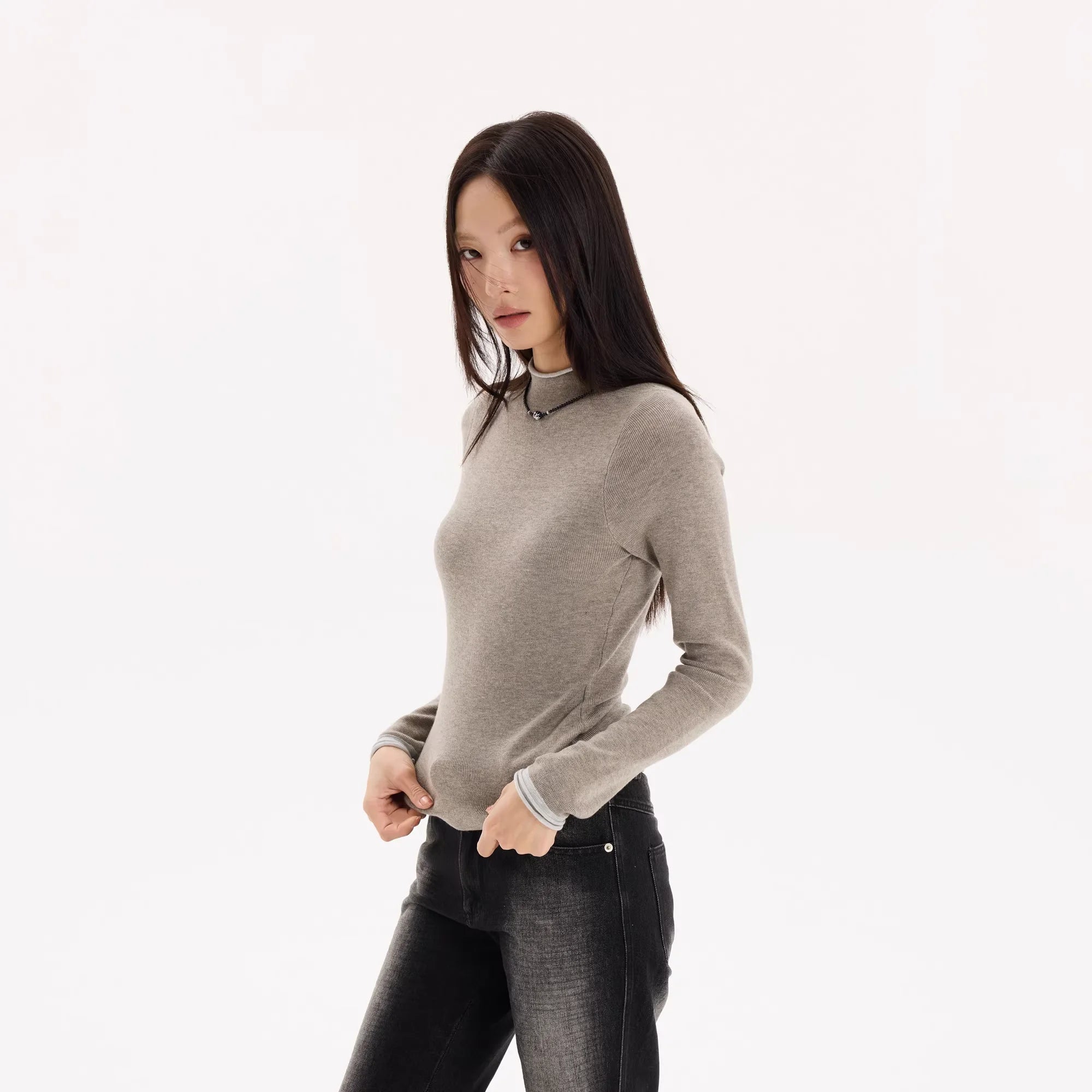 THELIGHT OFFICIAL Retro Colorblock Mock Neck Layered Knit Sweater - Women's Long Sleeve Commuter Style