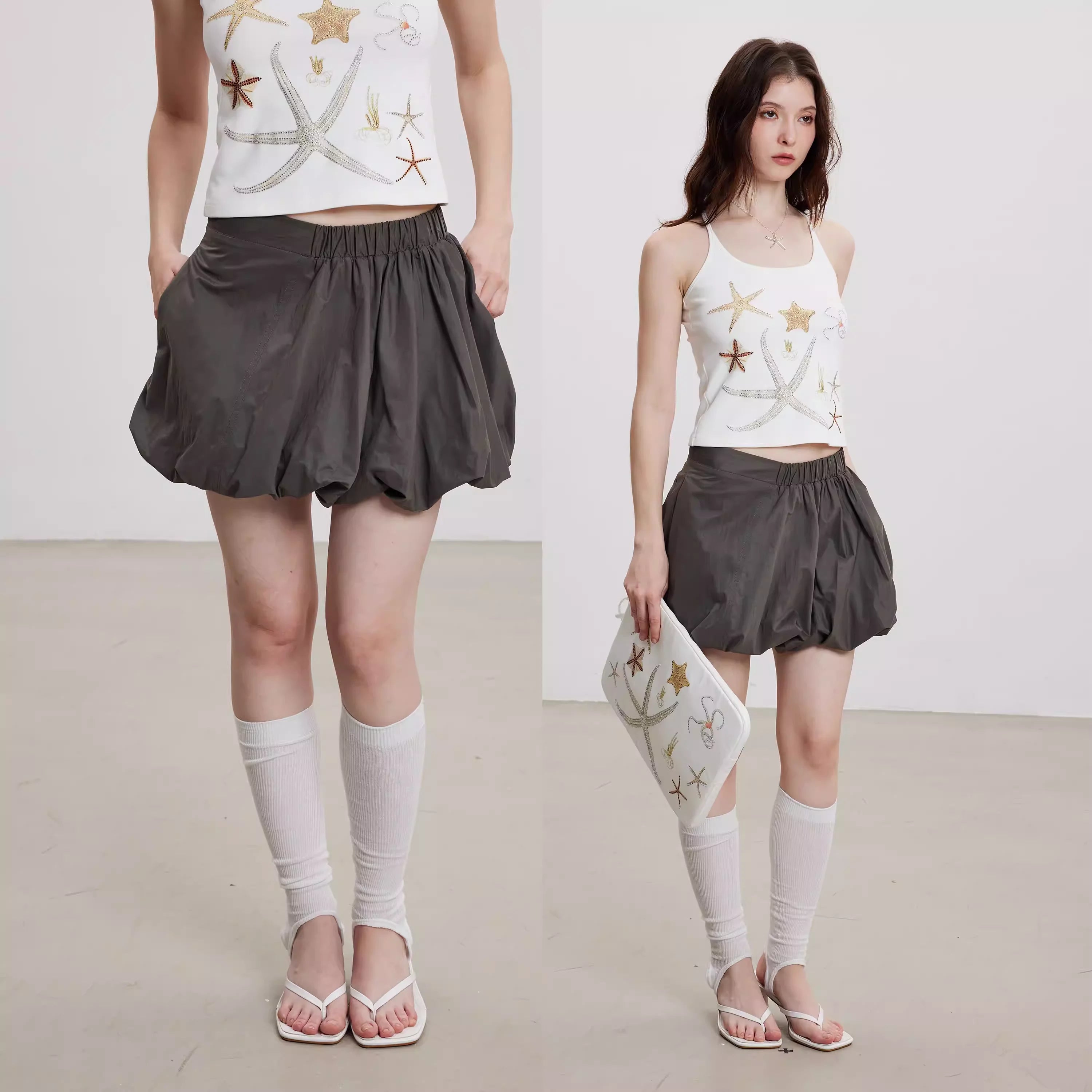 THELIGHT OFFICIAL Women's Spring Summer Paperbag Waist Bubble Mini Skirt