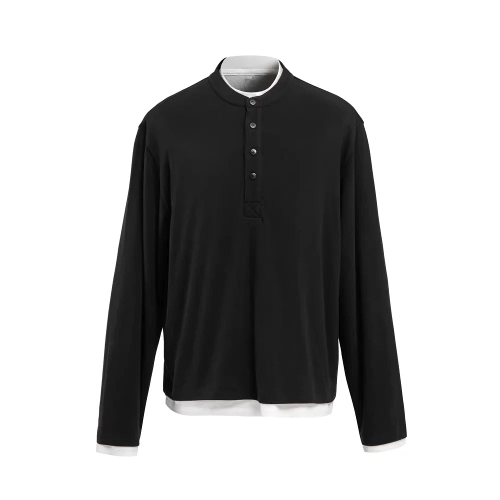 VLABMADE Men's Tencel Wool Layered Henley Shirt with Contrast Trim