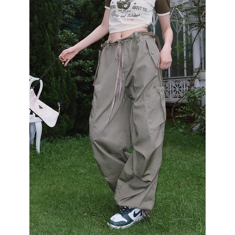 BeerBro Women's Green Parachute Cargo Pants with Drawstring Cuffs