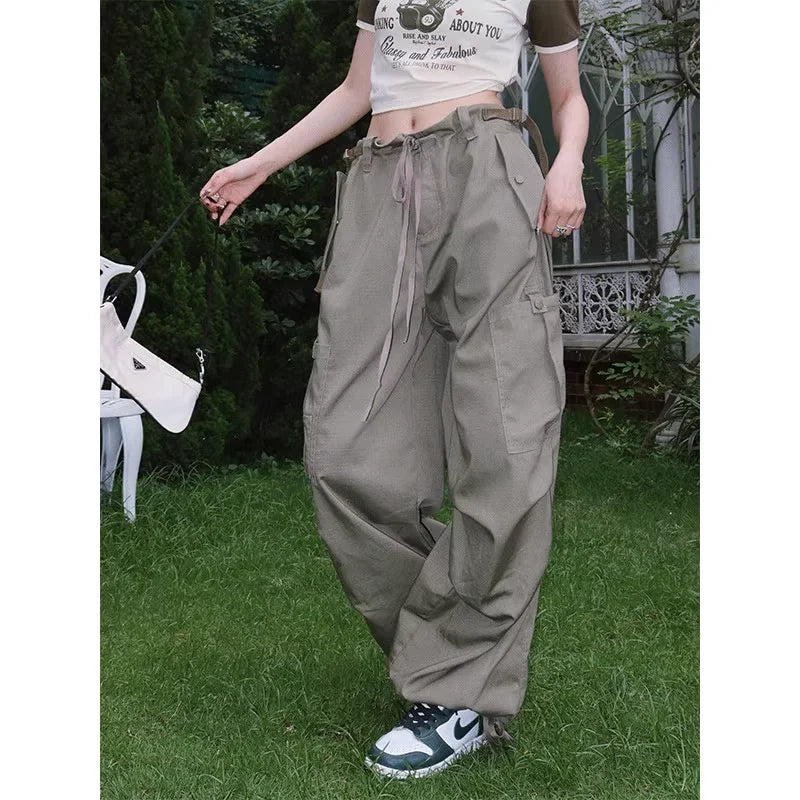 BeerBro Women's Green Parachute Cargo Pants with Drawstring Cuffs