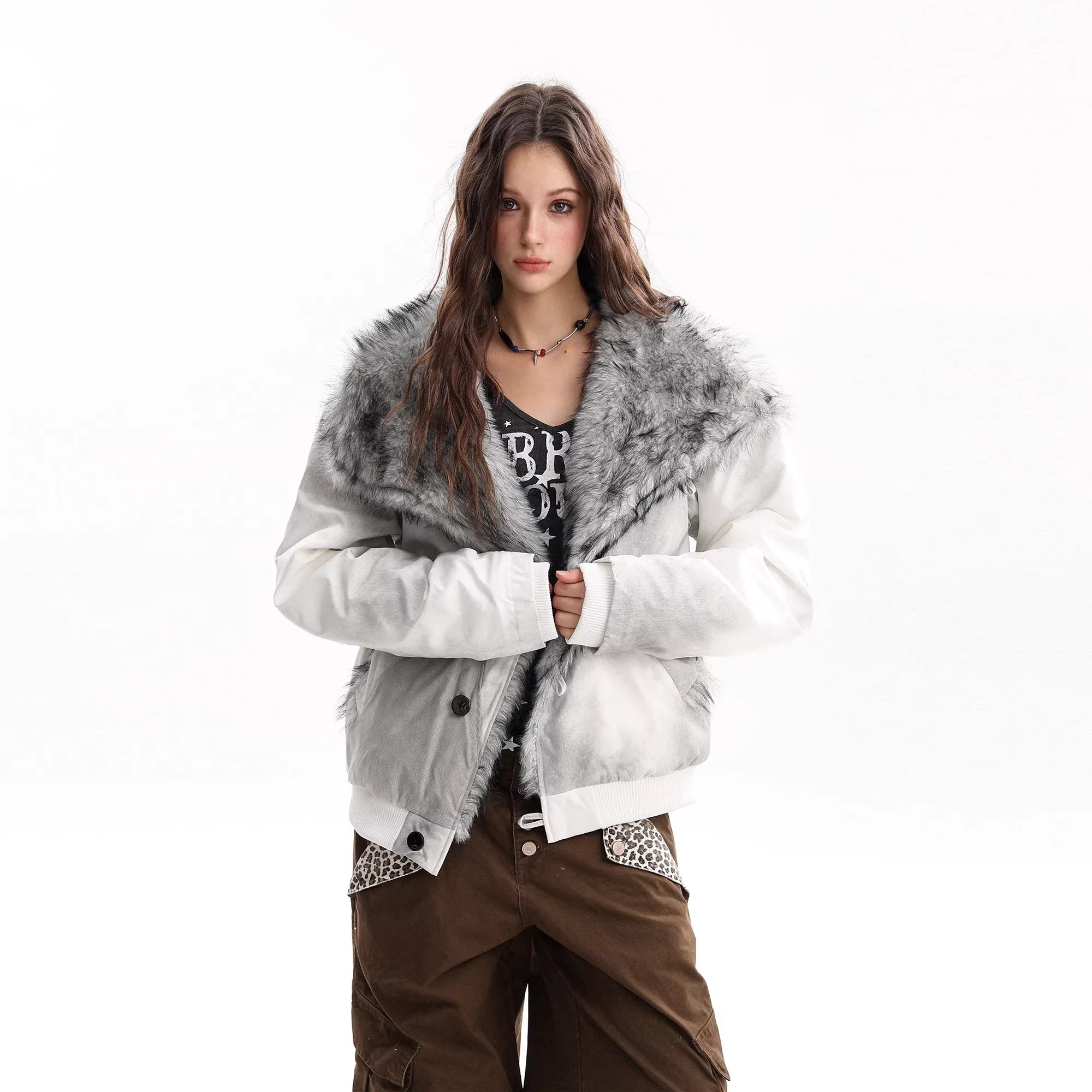 BIGGOLD STUDIO Women's Oversized Down Jacket with Faux Fur Collar