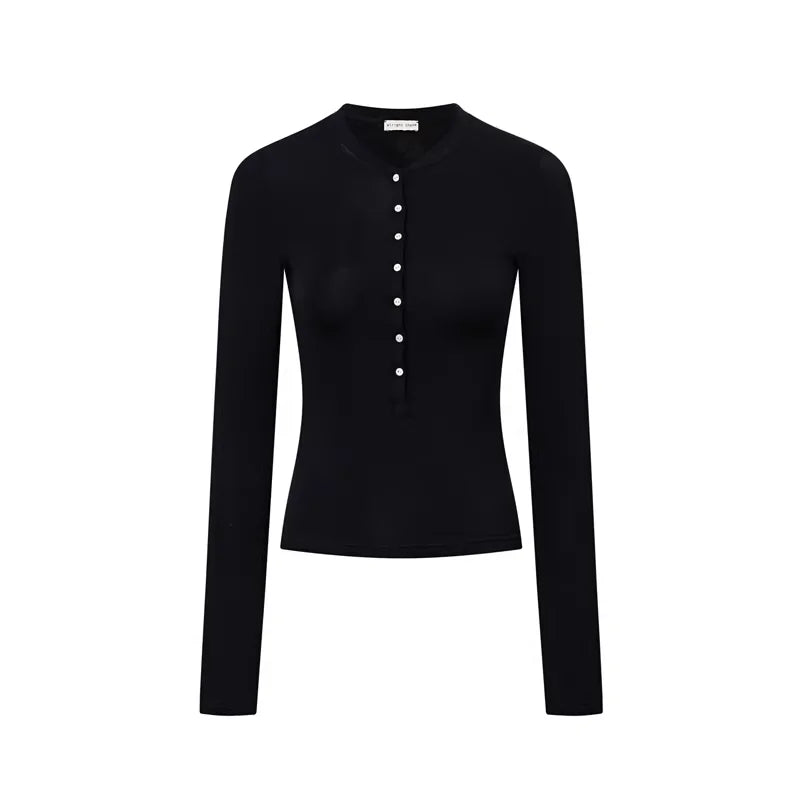 alright then Slim Wool Henley Long Sleeve Shirt with Shell Buttons