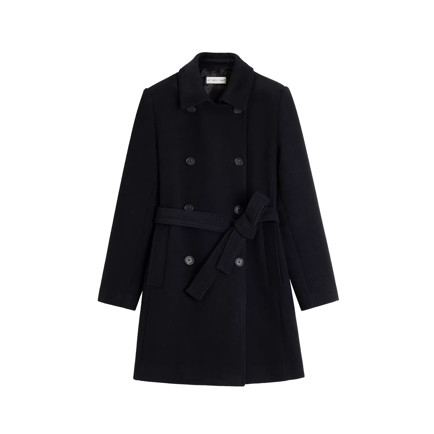 alright then Women's Black Double-Breasted Wool Coat with Belt