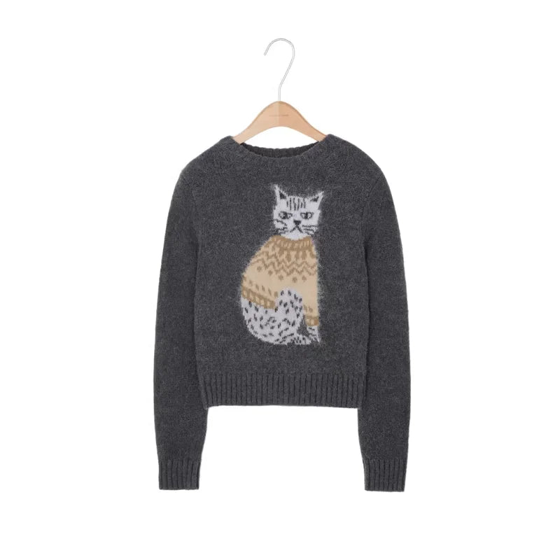 alright then Alpaca Wool Fitted Cat Graphic Pullover Sweater