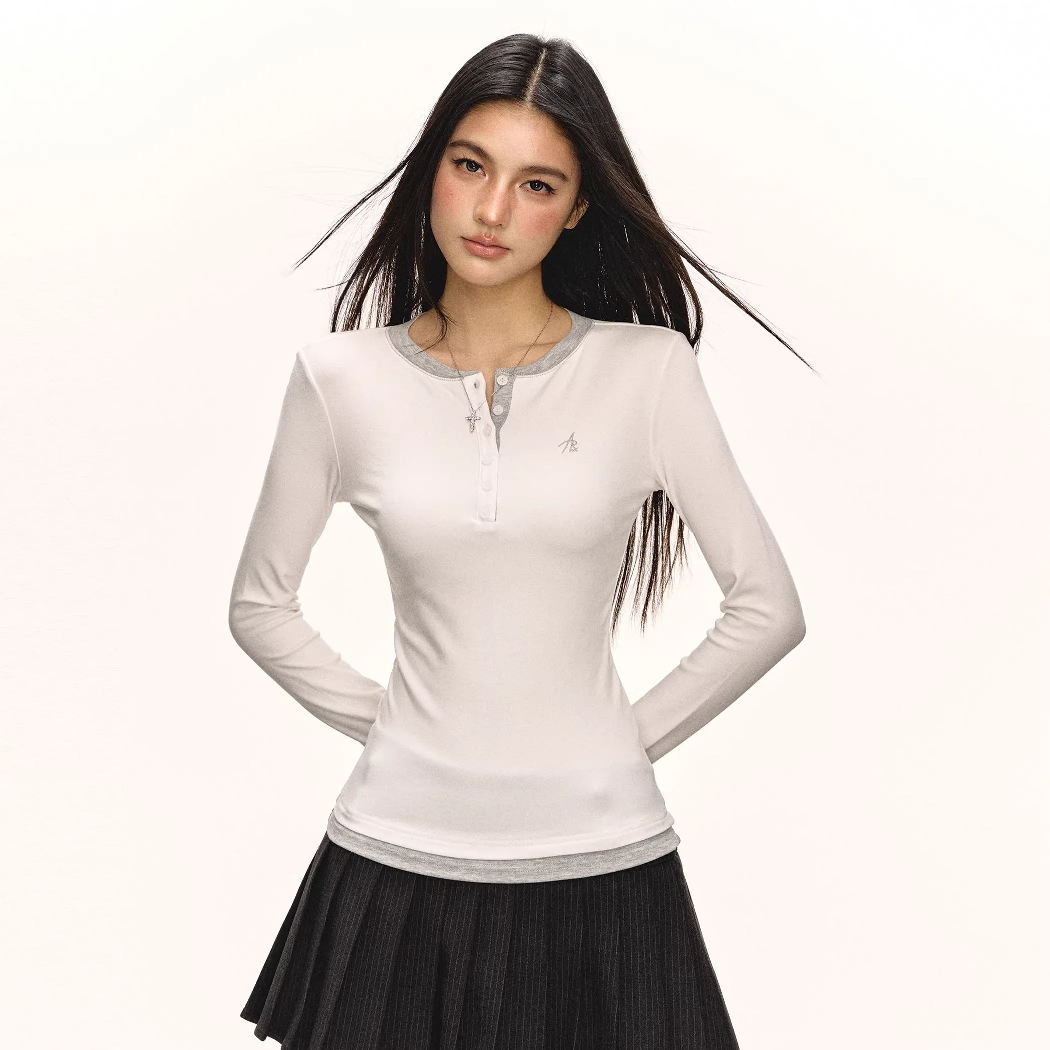 ARISEISM Women's Slim Fit Henley Long Sleeve T-Shirt - Fake Two-Piece Design