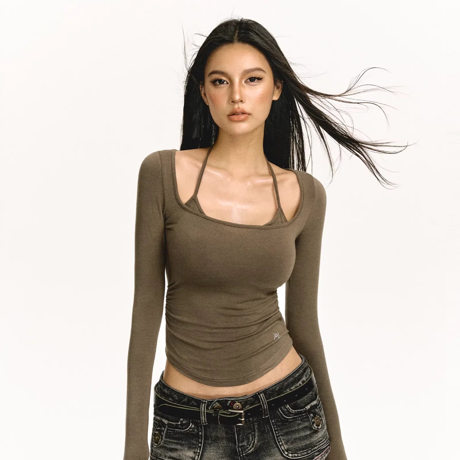 ARISEISM Women's Layered-Look Cropped Long Sleeve Top