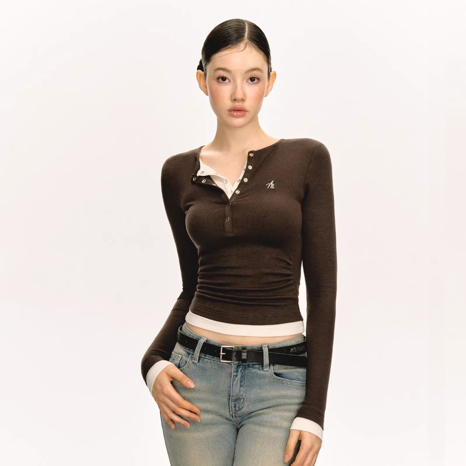 ARISEISM Women's Slim Fit Layered Henley Long Sleeve Top