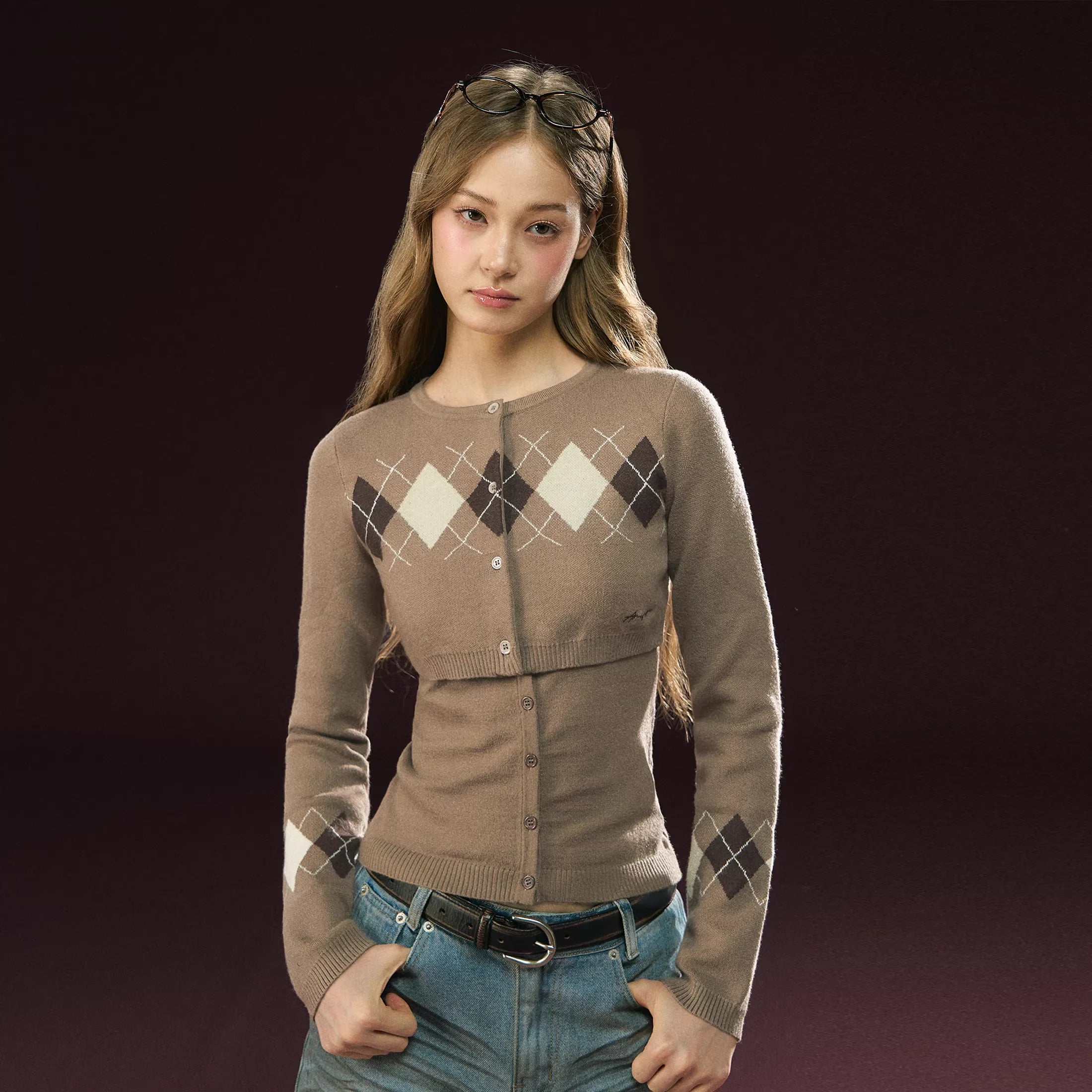 ARISEISM Retro Knit Two-Piece Set for Women - Argyle Cardigan and Tank Top