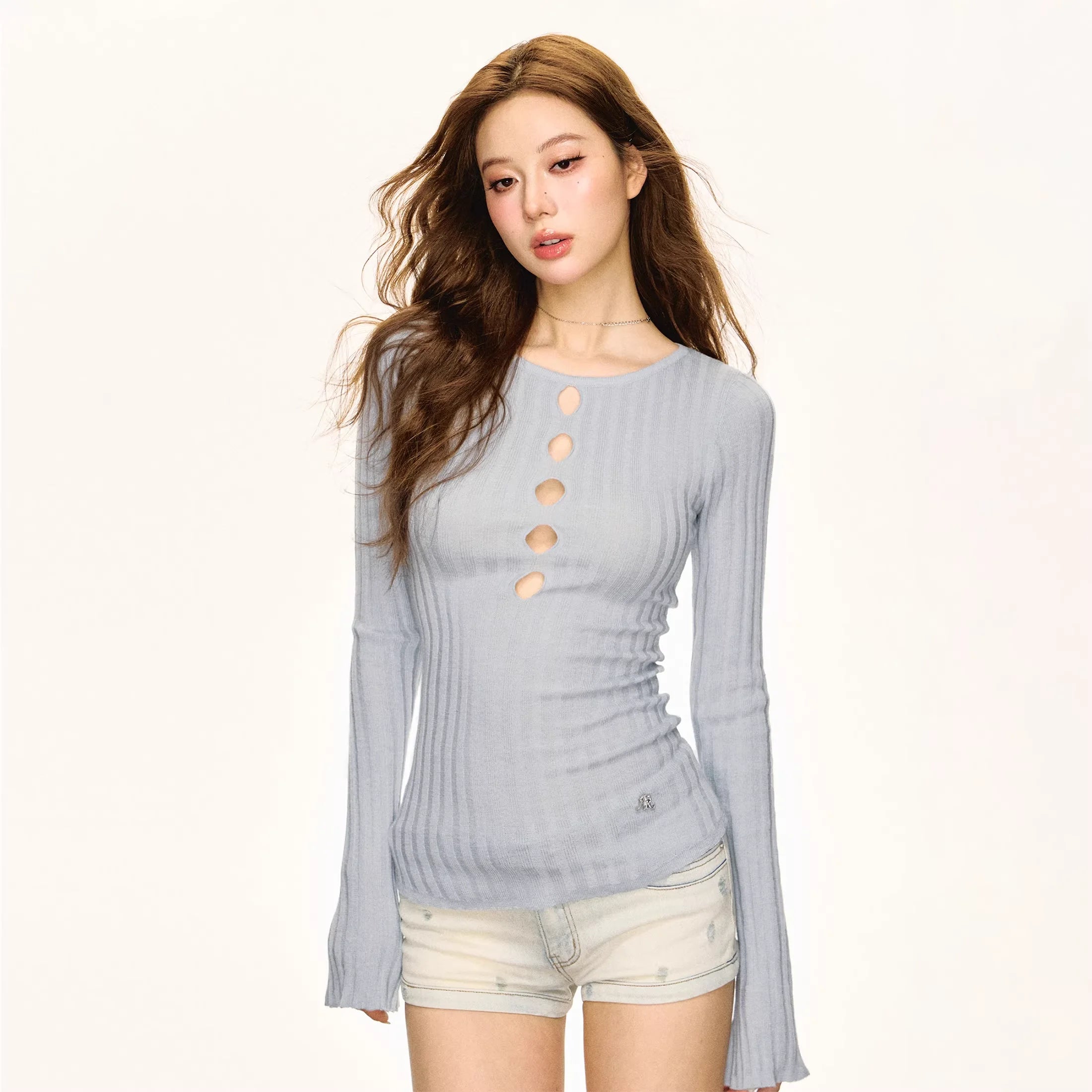 ARISEISM Women's Slim Fit Hollow Ribbed Knit Long Sleeve Top