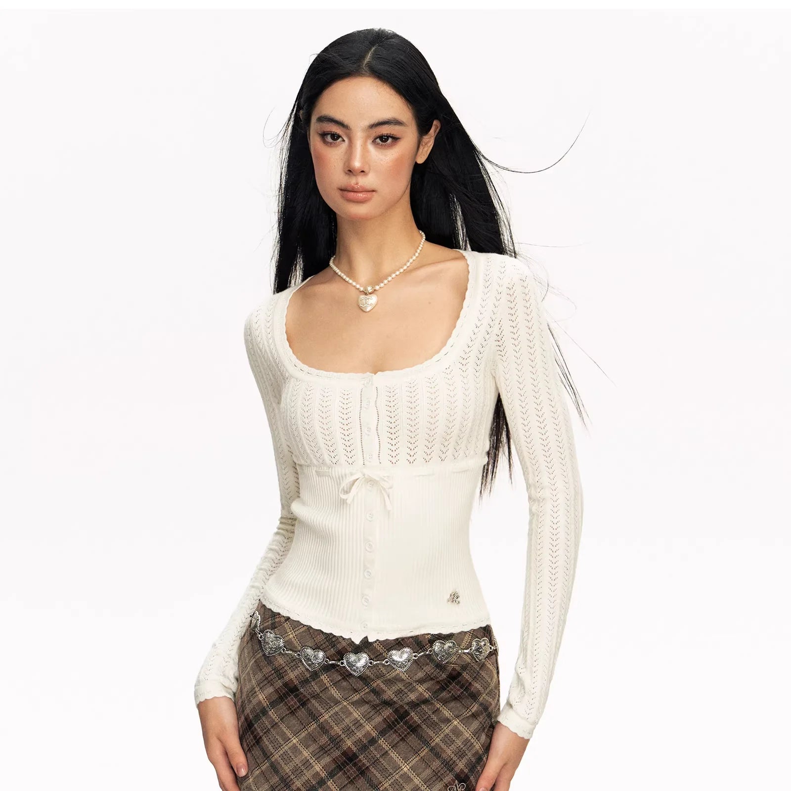 ARISEISM Women's Slim Fit Hollow Knit Cardigan with Bow Tie and Button Front