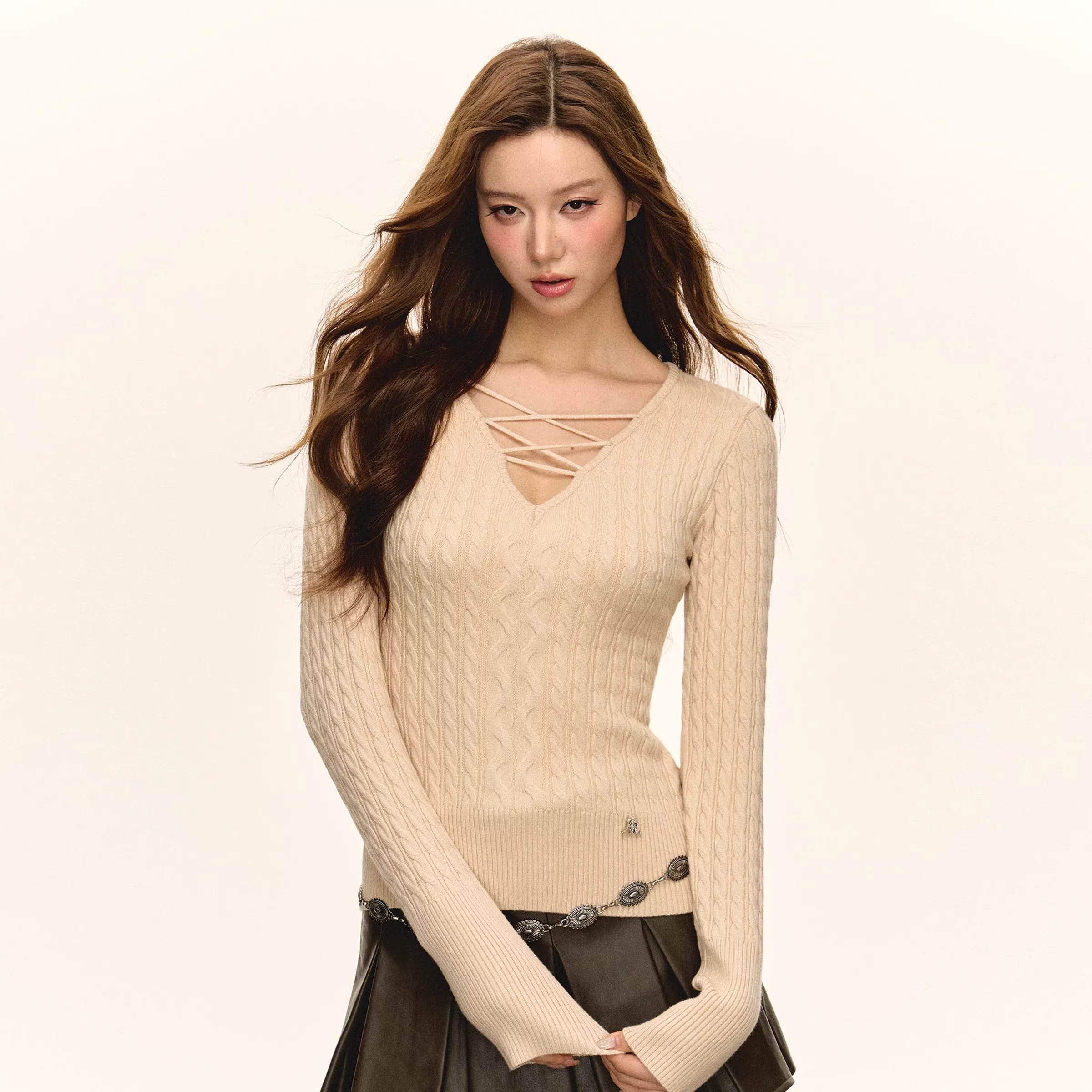 ARISEISM Women's Slim Fit Ribbed Knit Lace-Up V-Neck Sweater - Autumn 2025