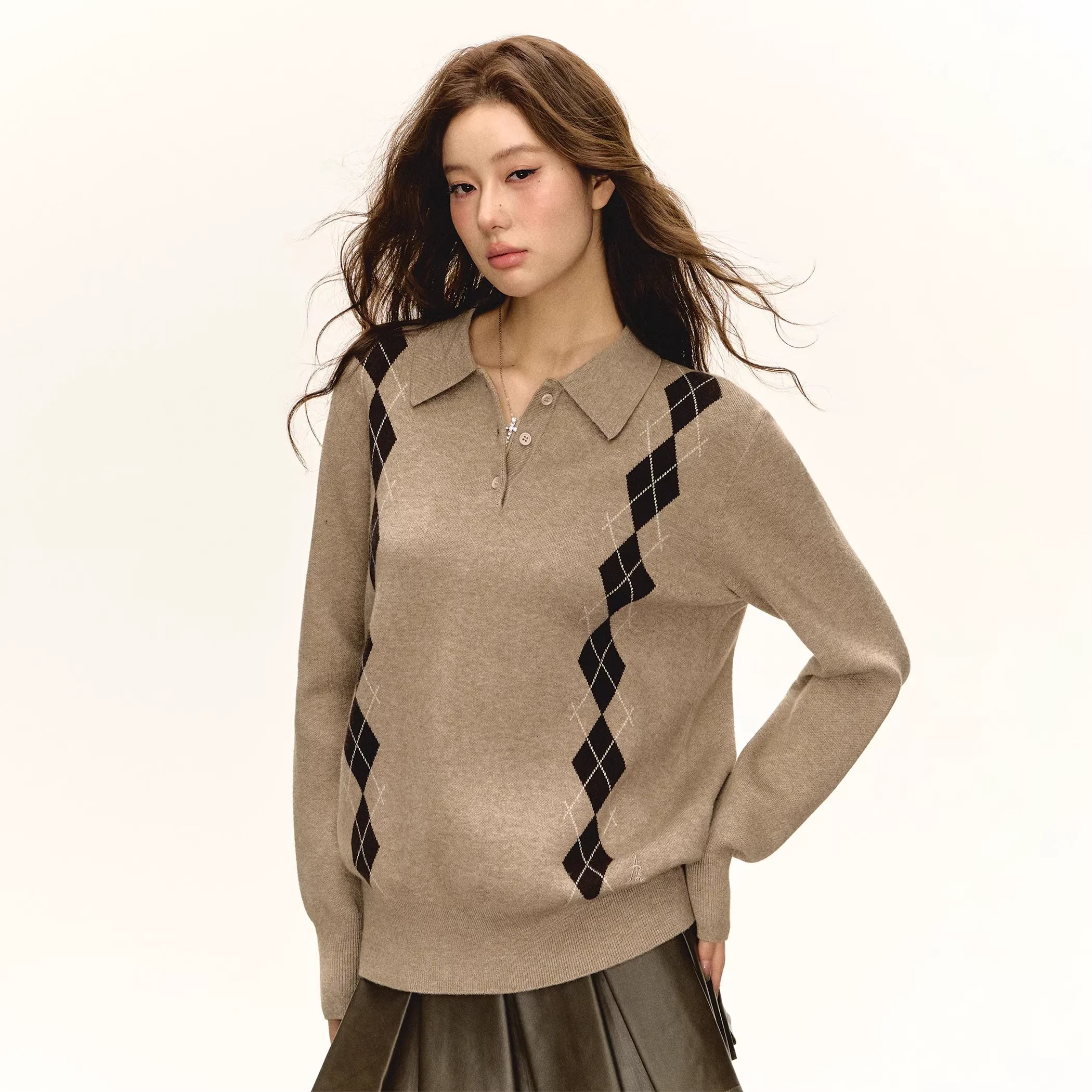 ARISEISM Women's Retro Argyle Pullover Sweater with Lapel