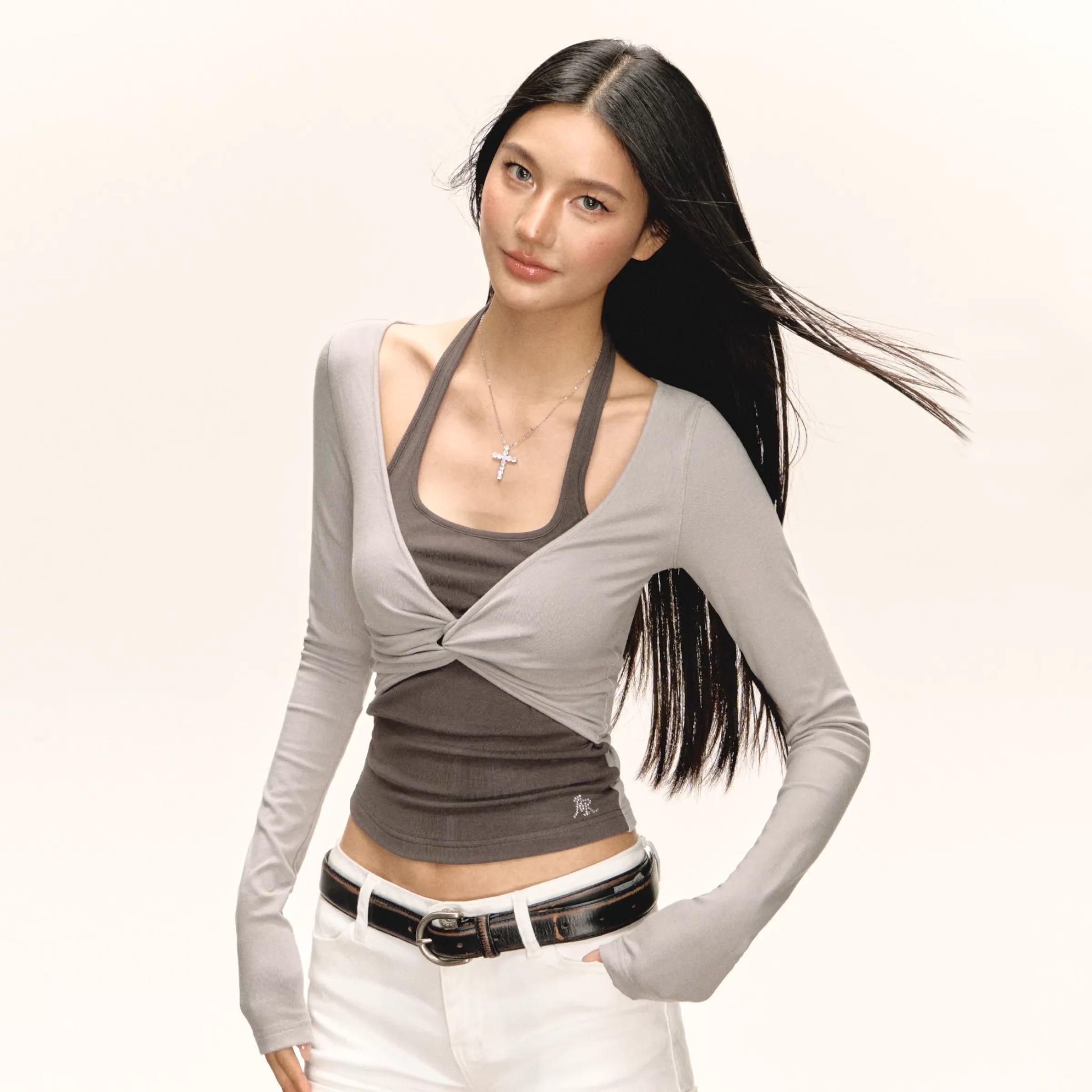 ARISEISM Women's Faux Two-Piece Long Sleeve Slim Fit T-Shirt