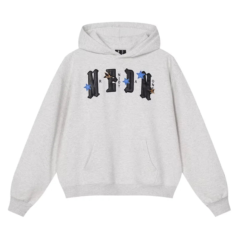 MEDM Fleece Lined Star Letter Patch Hoodie for Fall and Winter - Men's Casual Heavyweight Sweatshirt